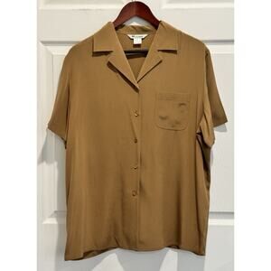 NYGARD COLLECTION Womens Tan Brown Short Sleeve Blouse Size 14 100% Silk